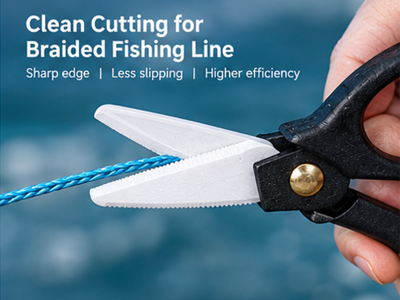 White ceramic blade cutting blue braided fishing line smoothly without fraying