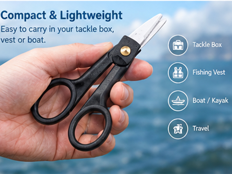 Hand holding compact and lightweight ceramic fishing scissors for tackle box or vest