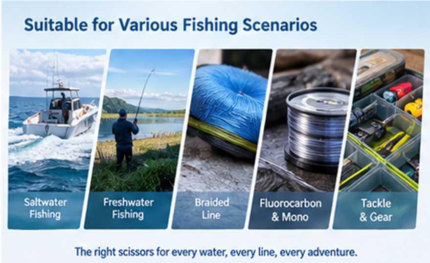 Various fishing scenarios including saltwater, freshwater, braided line, and tackle gear
