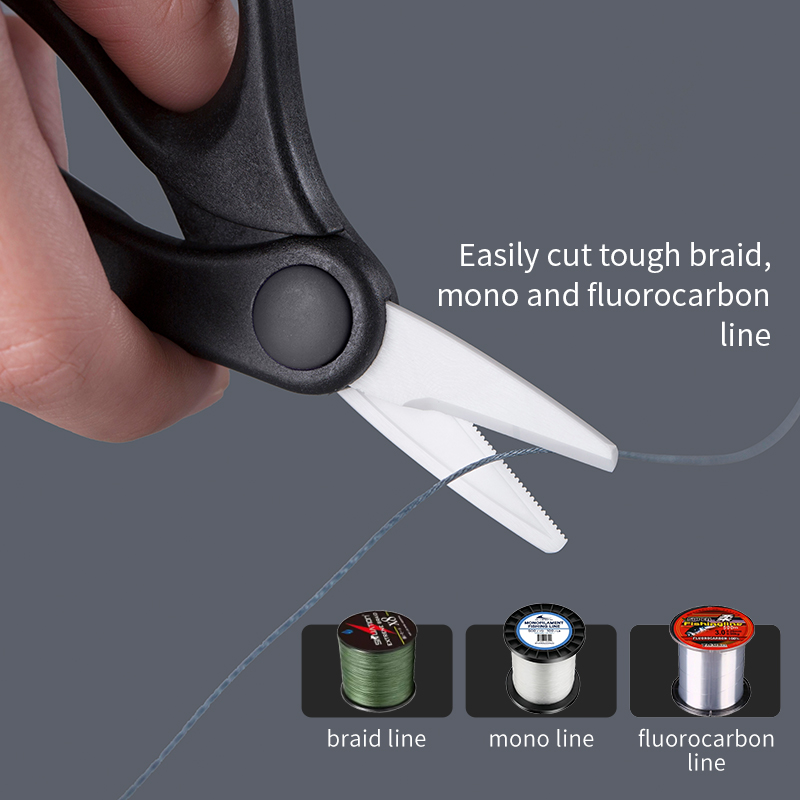 Serrated ceramic fishing scissors cutting through braided, mono, and fluorocarbon fishing lines