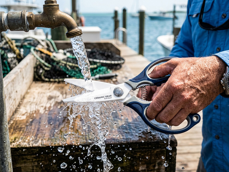 Angler rinsing a ceramic fishing scissor with fresh water after saltwater fishing trip