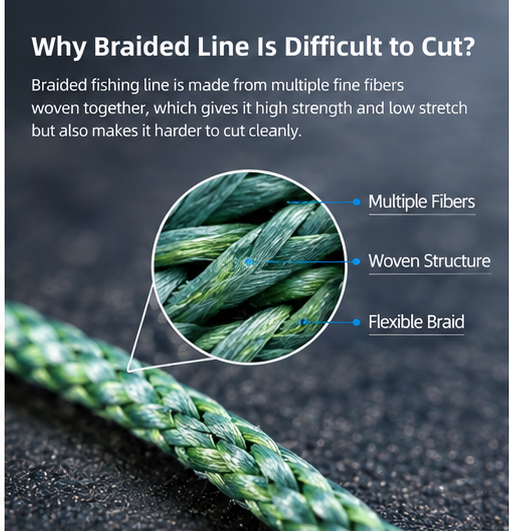 Close-up diagram illustrating why braided fishing line is difficult to cut due to its woven fiber structure.