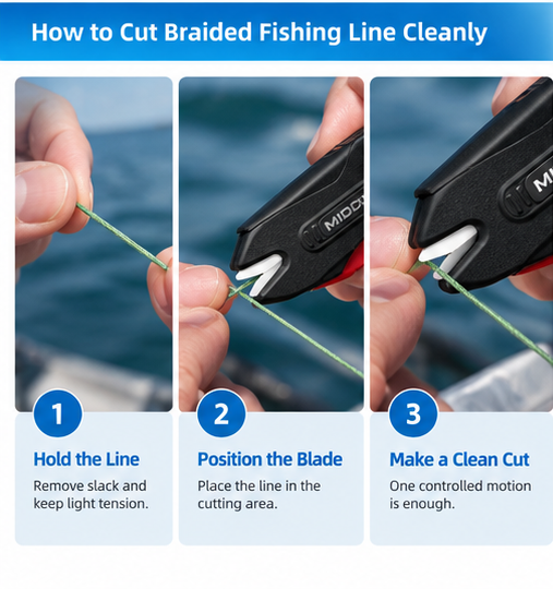 Step-by-step guide showing how to cleanly cut braided fishing line using a Middia cutter.