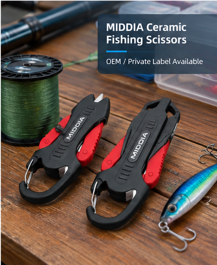 Middia ceramic fishing scissors placed on a wooden table with fishing gear.