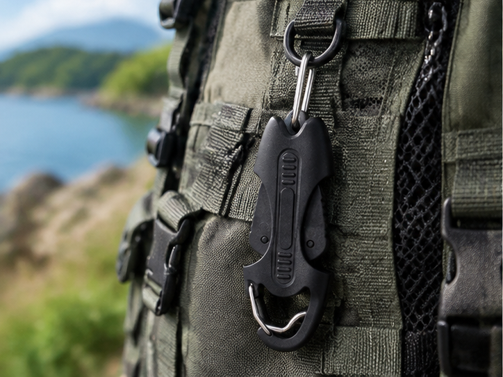 Portable fishing scissors with carabiner clip attached to fishing vest for convenient outdoor use Portable fishing scissors with carabiner clip attached to fishing vest for convenient outdoor use