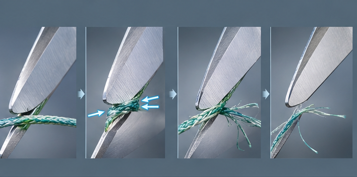 Braided PE fishing line slipping between smooth scissor blades