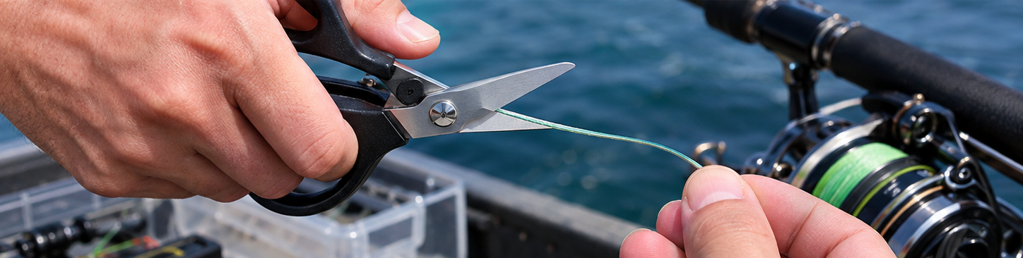 Fishing scissors cutting PE braided line in a real fishing setup