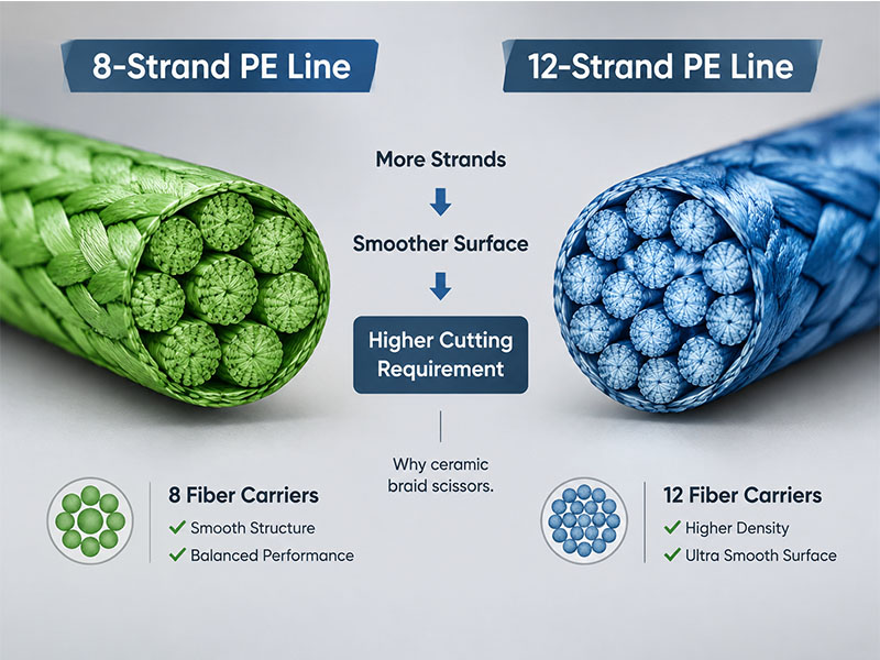 Comparison of 8-strand and 12-strand PE braided fishing line structures