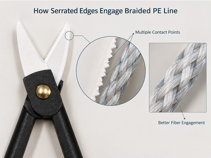 Serrated edge engaging braided PE fishing line fibers