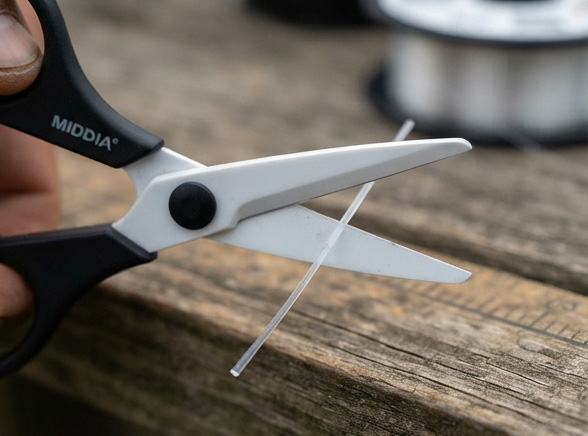 Close-up of white ceramic scissors cutting through a transparent fluorocarbon fishing line, showing a clean edge.