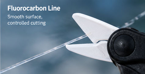 White ceramic blades positioned around a fluorocarbon fishing line
