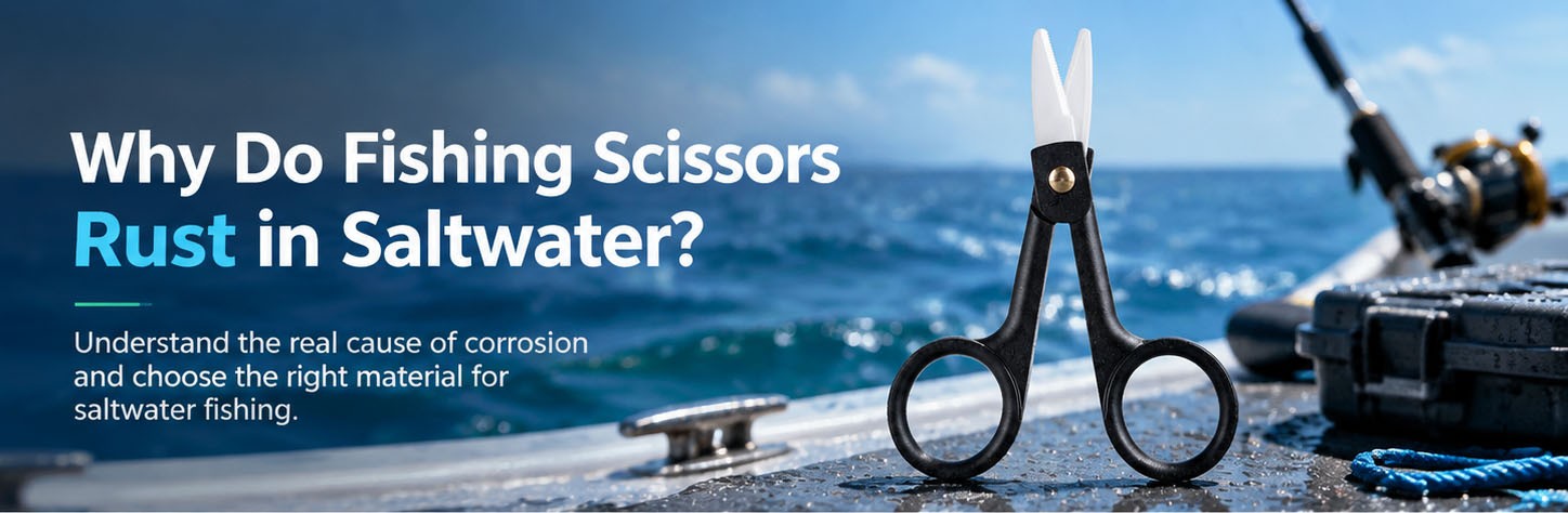 Why do fishing scissors rust in saltwater infographic featuring ceramic braid line fishing scissors on a boat deck.