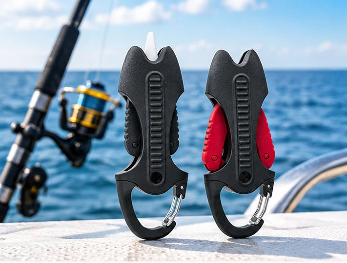 Saltwater ceramic fishing line cutter sitting on a boat deck with a fishing rod in the background
