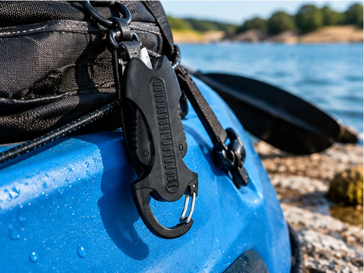 Compact ceramic fishing line cutter clipped to a gear bag on a blue fishing kayak