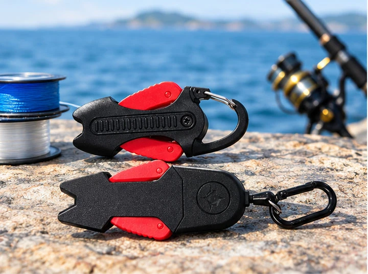 Two black and red fishing line cutters with carabiner clips displayed beside fishing line and the sea