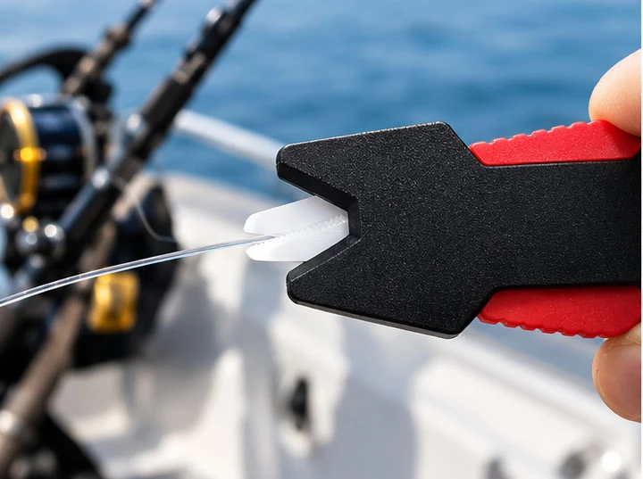 Close-up of a ceramic fishing line cutter positioned around a fishing line on a boat