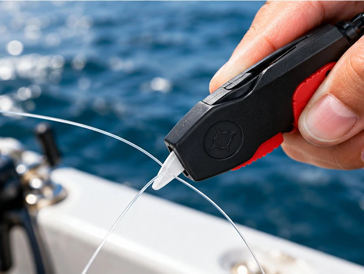 Retractable fishing line cutter with an exposed ceramic blade cutting fishing line beside a boat 4. 产品对比：伸缩式鱼线剪收纳与刀刃伸出状态	retractable-fishing-line-cutter-blade-positions.jpg	Retractable fishing line cutter shown with the blade concealed and extended for cutting