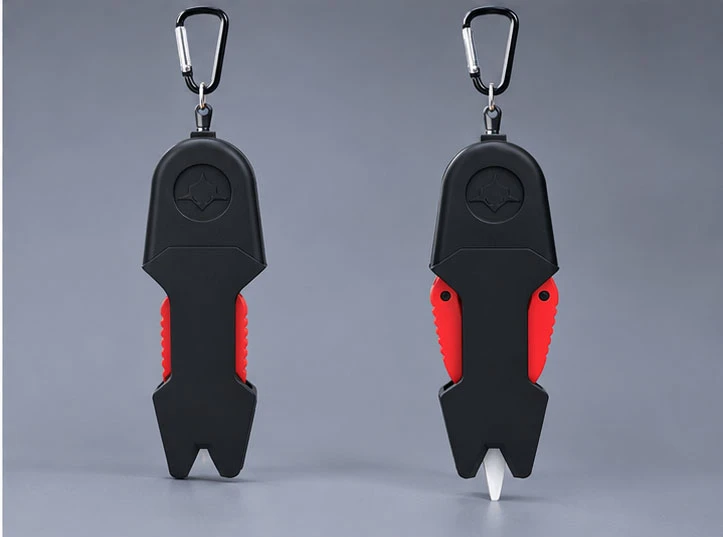 Retractable fishing line cutter shown with the blade concealed and extended for cutting