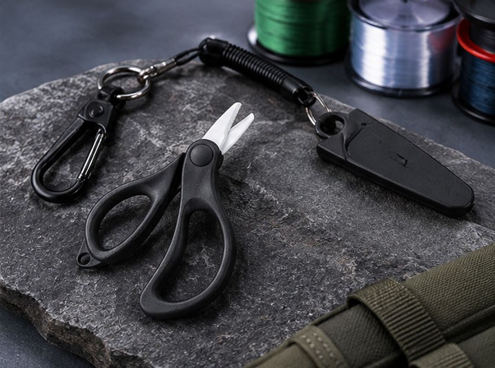 Ceramic fishing scissors with compact handle design and fishing accessories for private label product development